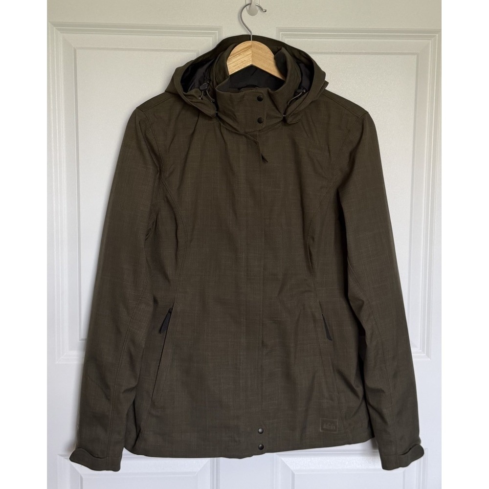 REI Elements E1 Women's Small Olive Green Hooded Waterproof Rain Jacket